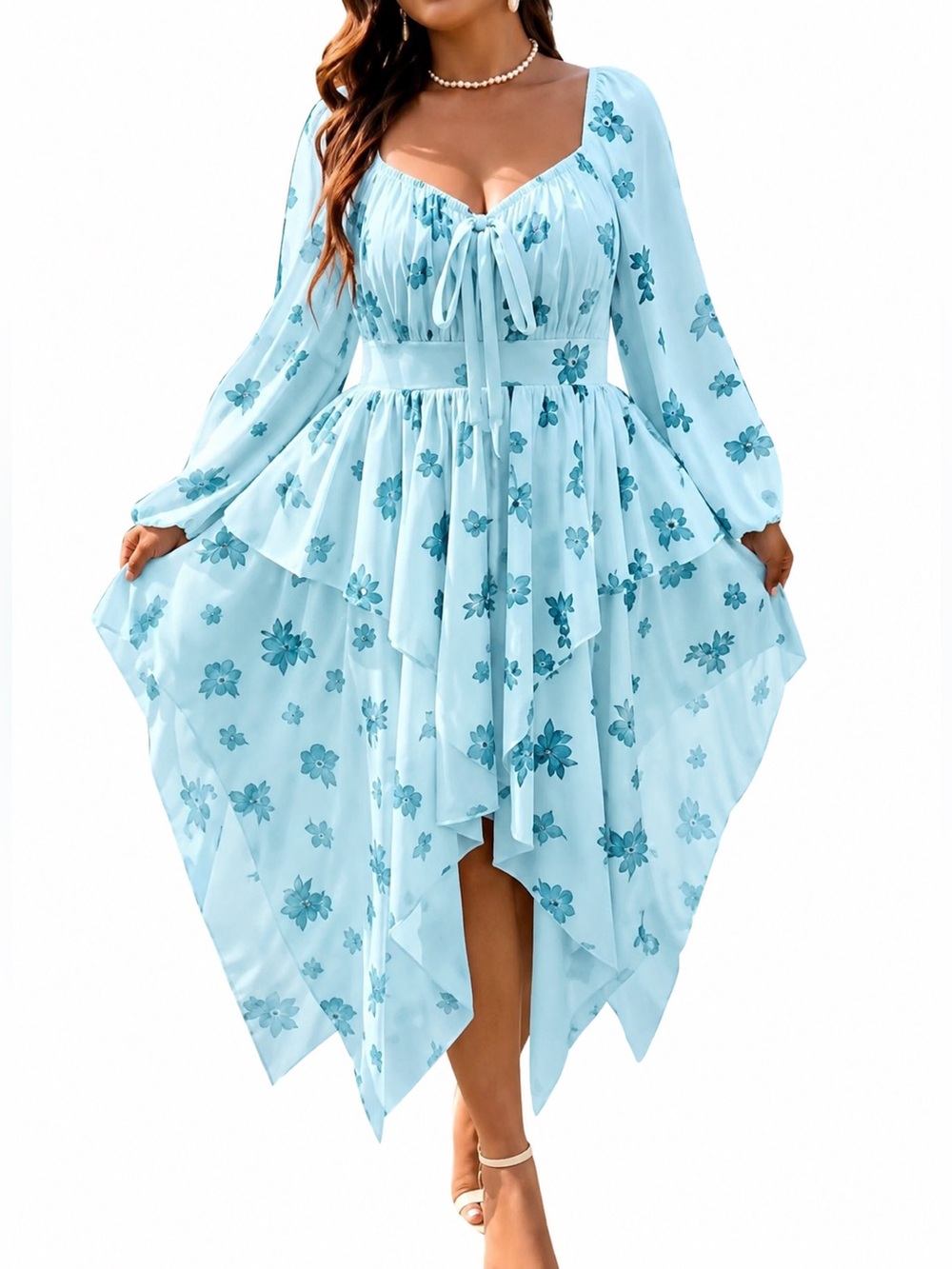 SHEIN Floral Hanker-chief Asymmetrical Hem Tie-Front Dress Light Green Blue EUC